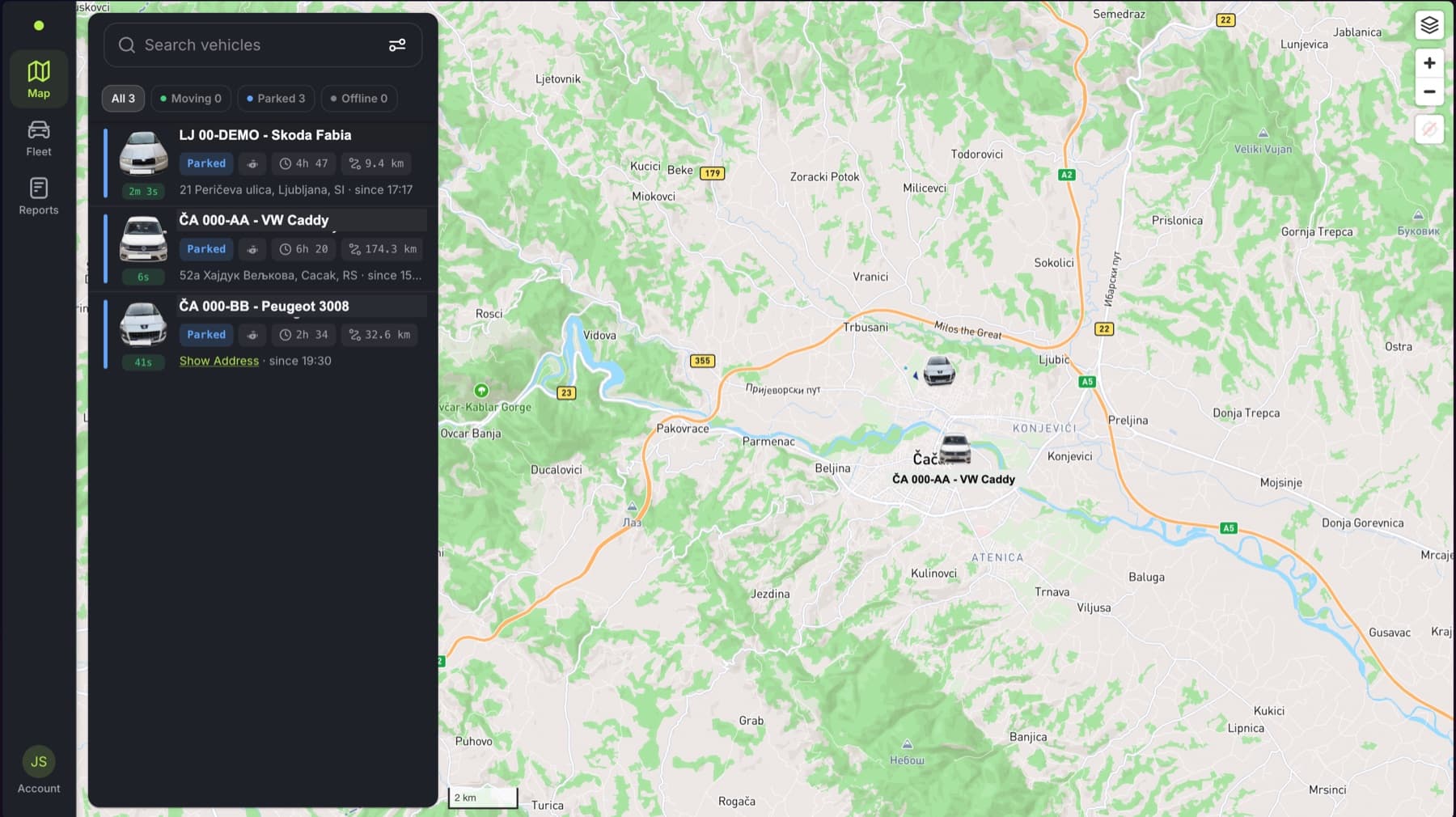 Veturo app on a laptop: the fleet map with the vehicle list
