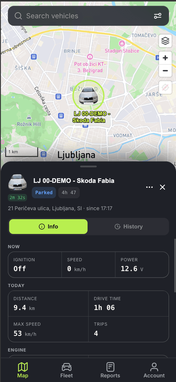 Veturo app: vehicle card with the Now, Today and Engine sections